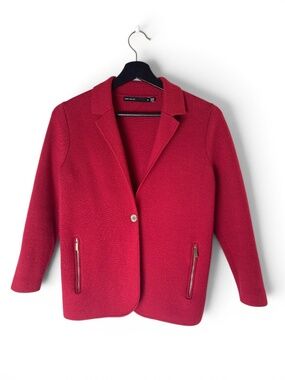 Karen Millen Wool Knit Blazer Jacket Zip Pockets 3/4 Sleeve Crimson Red Size M